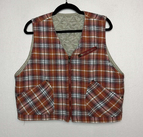 Columbia Jackets & Blazers - Vintage 90s Columbia Orange Plaid Flannel Vest Zip-Up Women Size M Quilted Lined